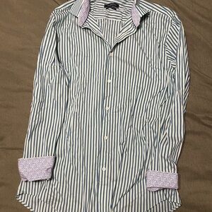 Bugatchi Green and White Striped Button Down Shirt